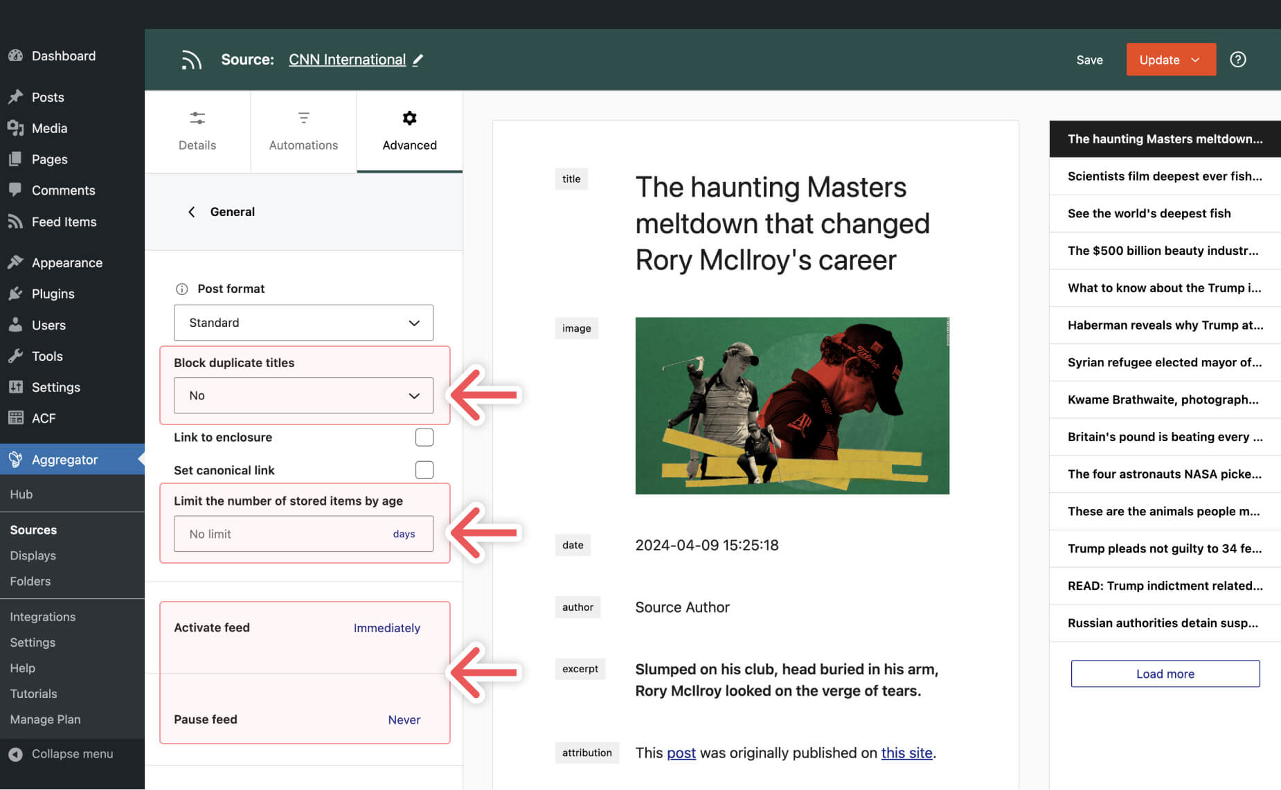 Check The Source Example Check the Source Settings - WP RSS Aggregator