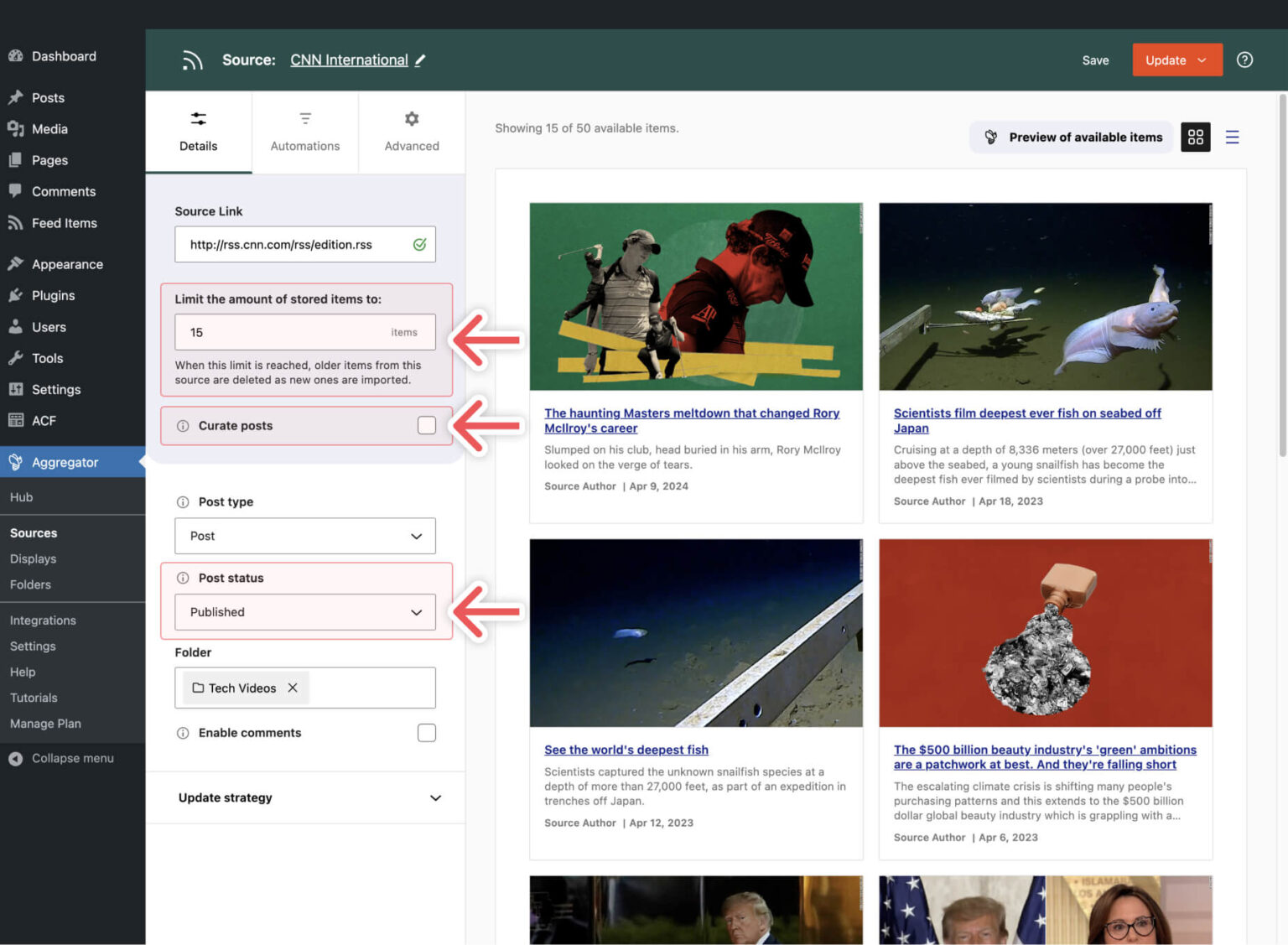 Check the Source Settings - WP RSS Aggregator
