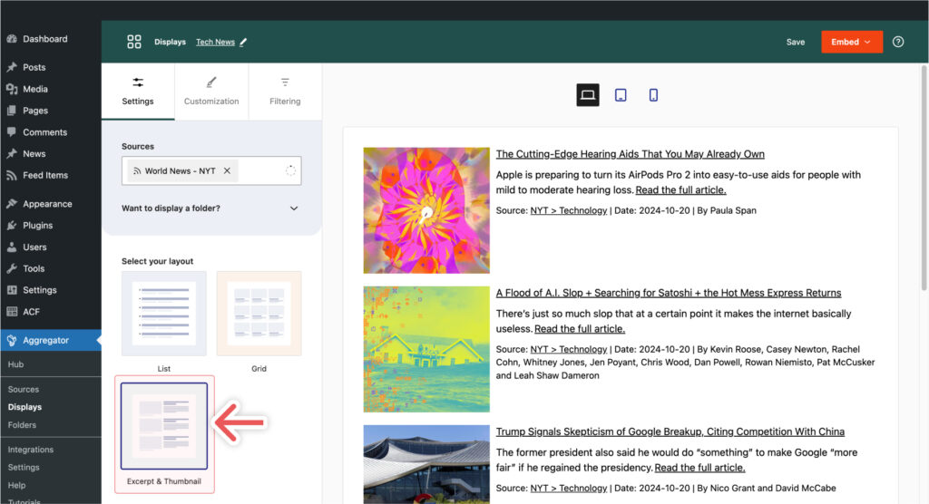 The Excerpt and Thumbnail Layout - WP RSS Aggregator