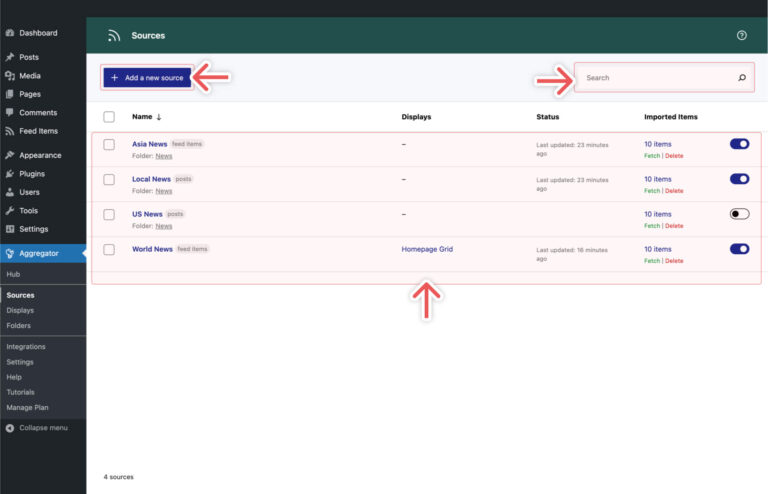 Sources List - WP RSS Aggregator