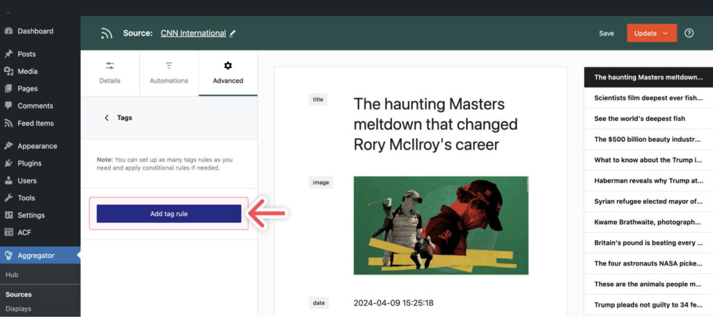 Adding a tag rule for a source in Aggregator.