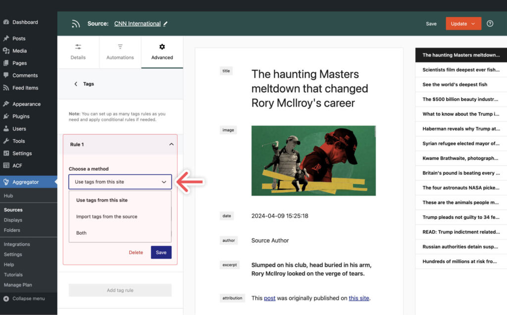 Setting up a tag rule for a source in Aggregator.