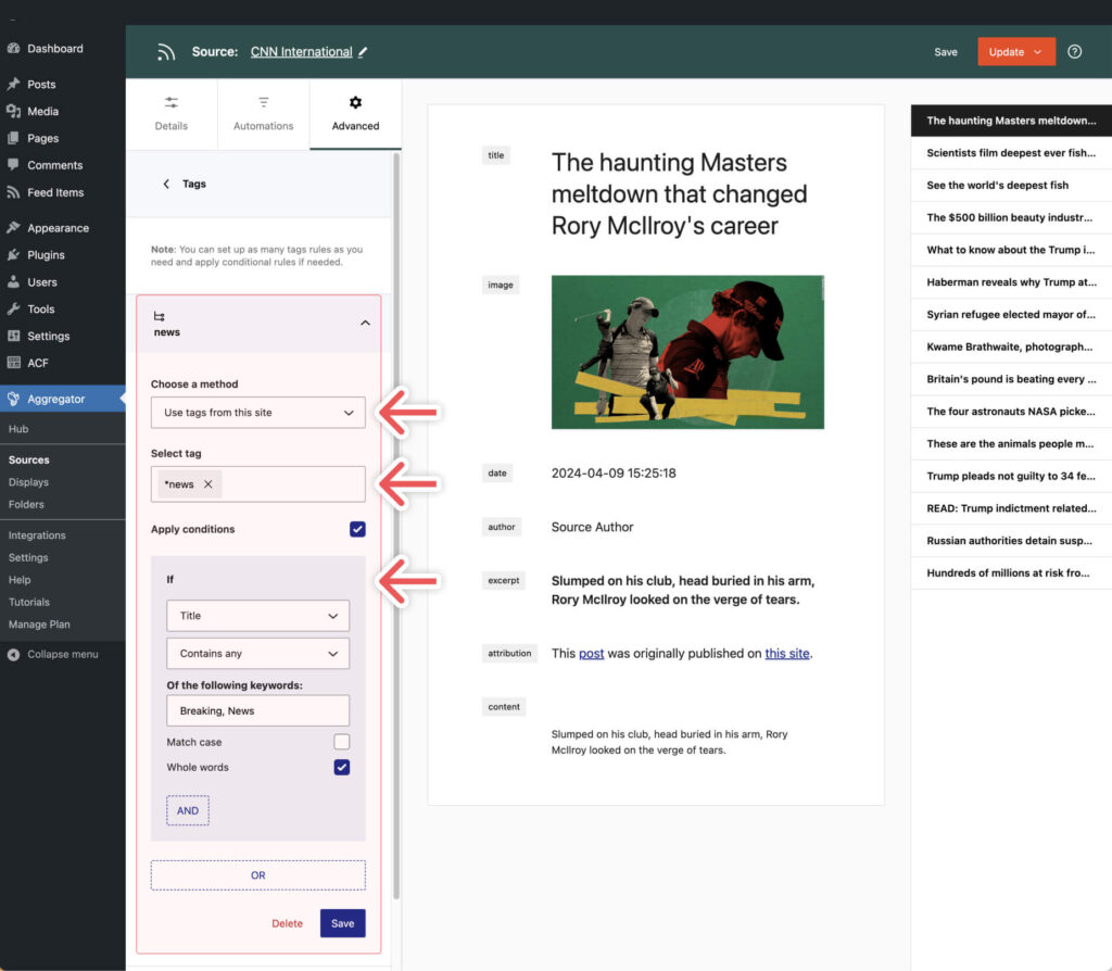 An example of a tag rule with conditions for a source in Aggregator.