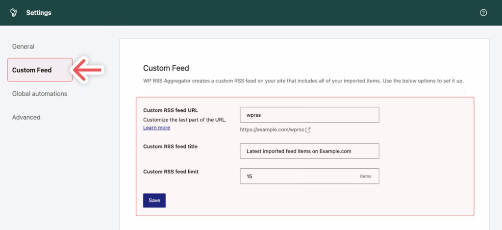 Custom Feed Settings - WP RSS Aggregator