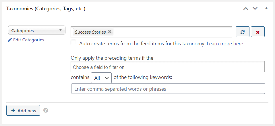 The Taxonomies section on the Add New Feed Source/Edit Feed Source page