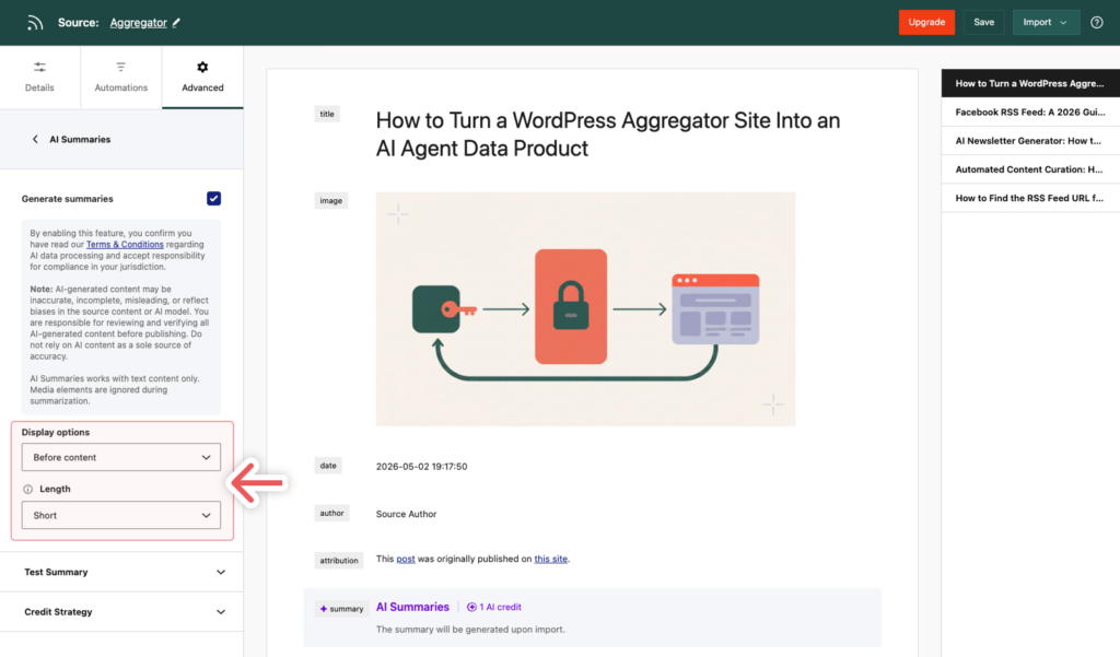 Setting up AI Summaries for a Source - WP RSS Aggregator