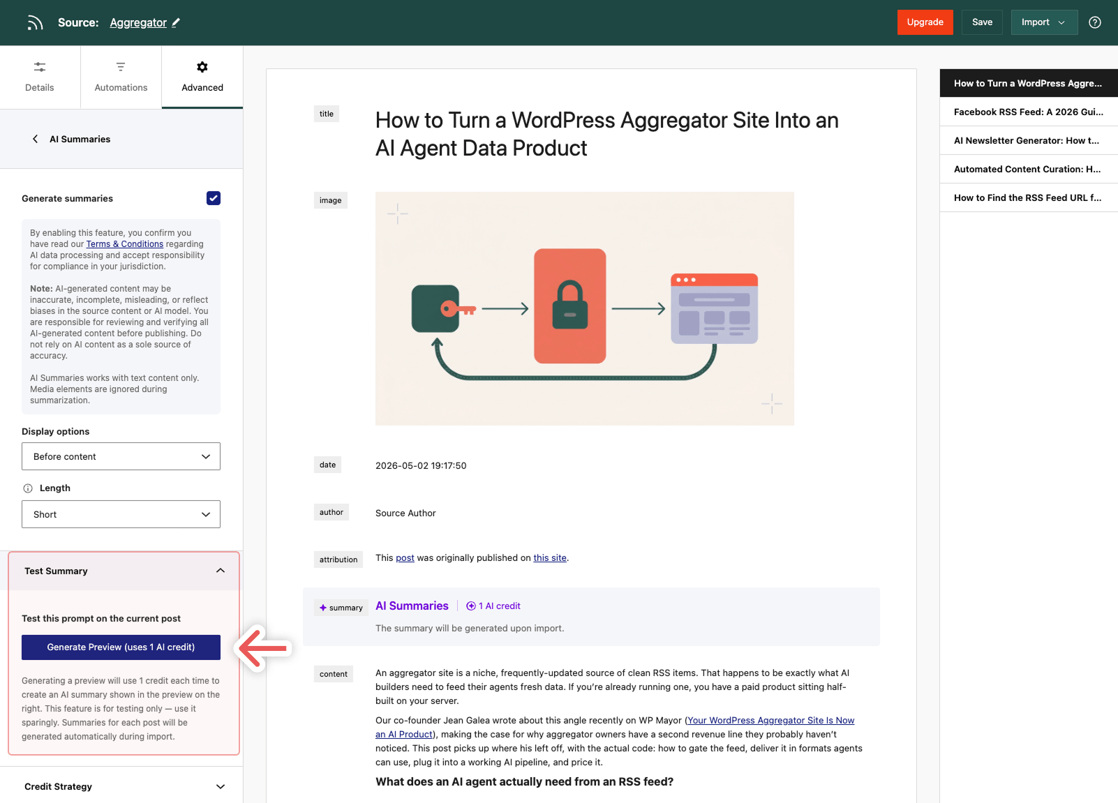 Setting up AI Summaries for a Source - WP RSS Aggregator