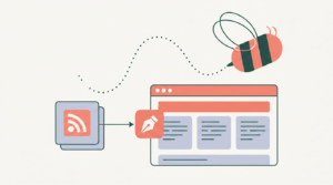 Flat vector illustration in the WP RSS Aggregator brand style: RSS feed sources on the left flow through an AI rewrite step (a coral pen-nib icon) into a finished, original article published in a browser window on the right