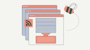 AI content repurposing in WordPress: layered RSS sources filtered through a funnel into a curated summary, WP RSS Aggregator brand illustration