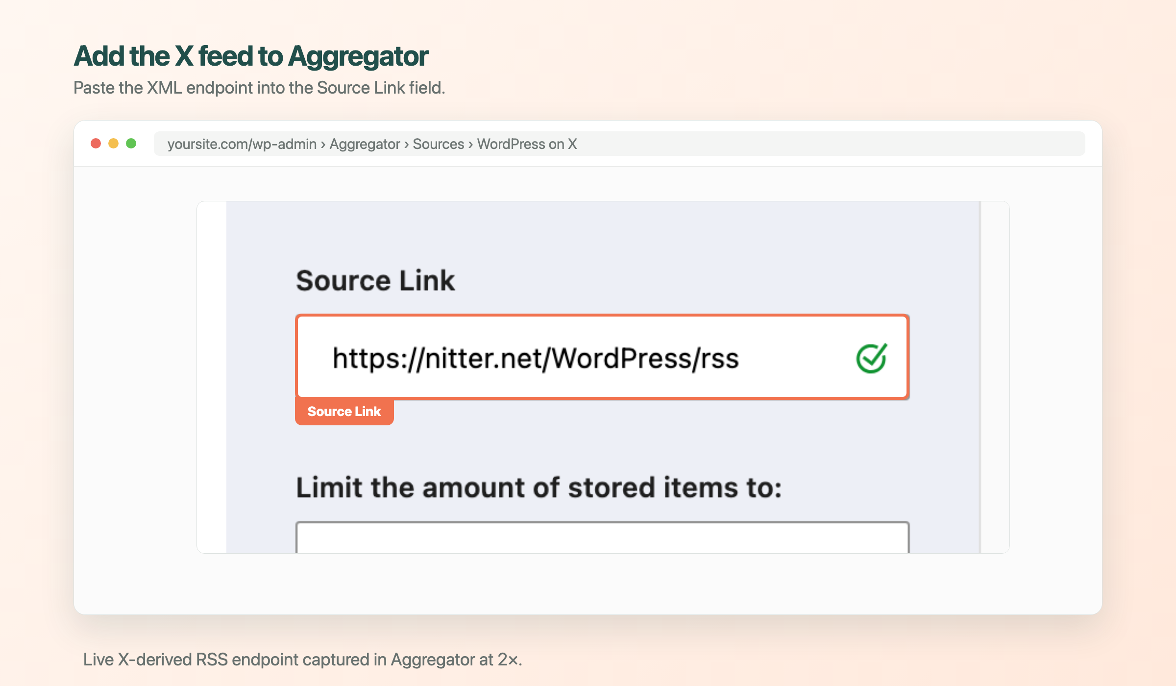 Aggregator Source Link field containing an X-derived RSS endpoint