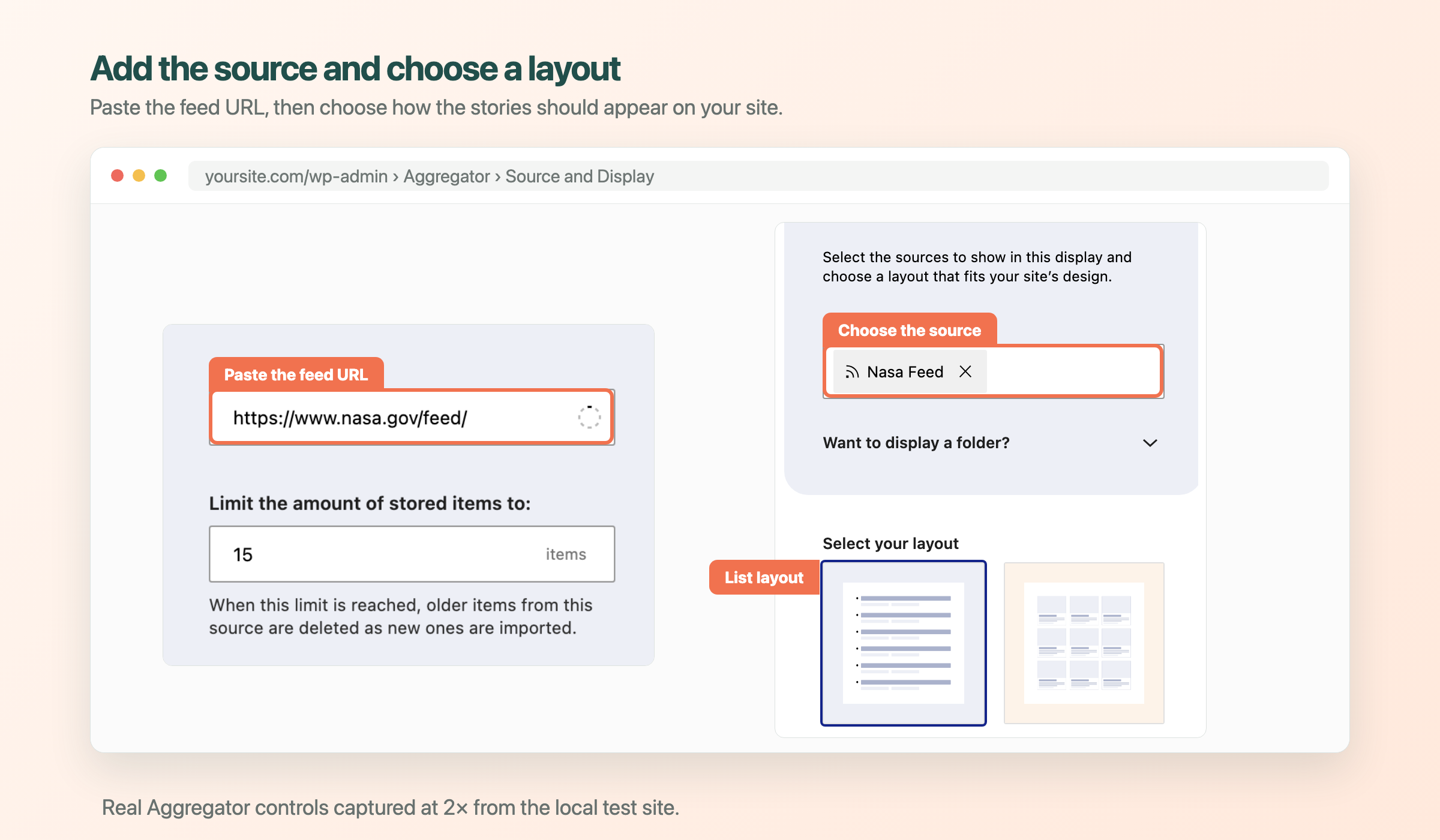 The feed URL, selected NASA source, and List layout in Aggregator