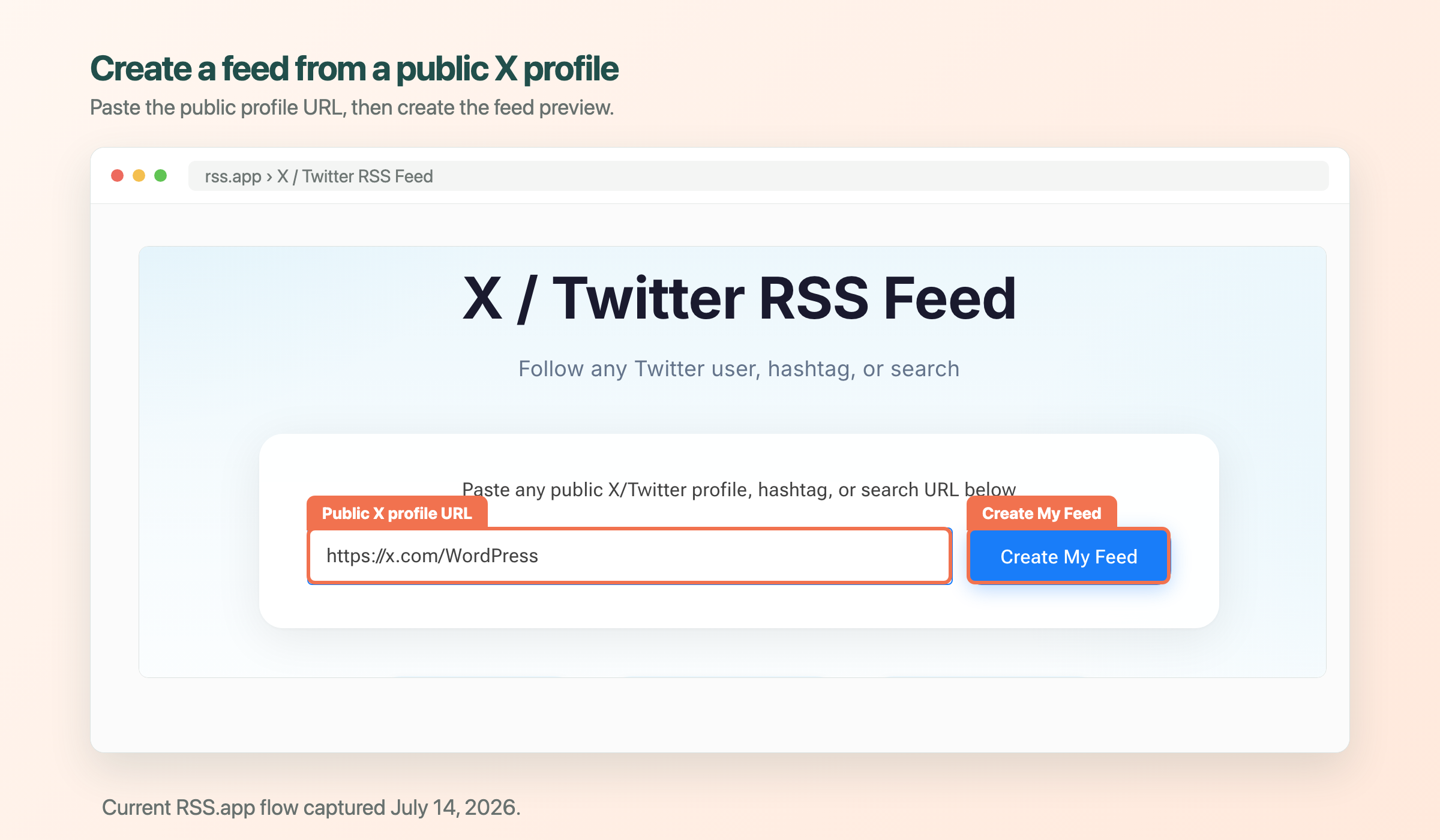 RSS.app form showing a public X profile URL and the complete Create My Feed button