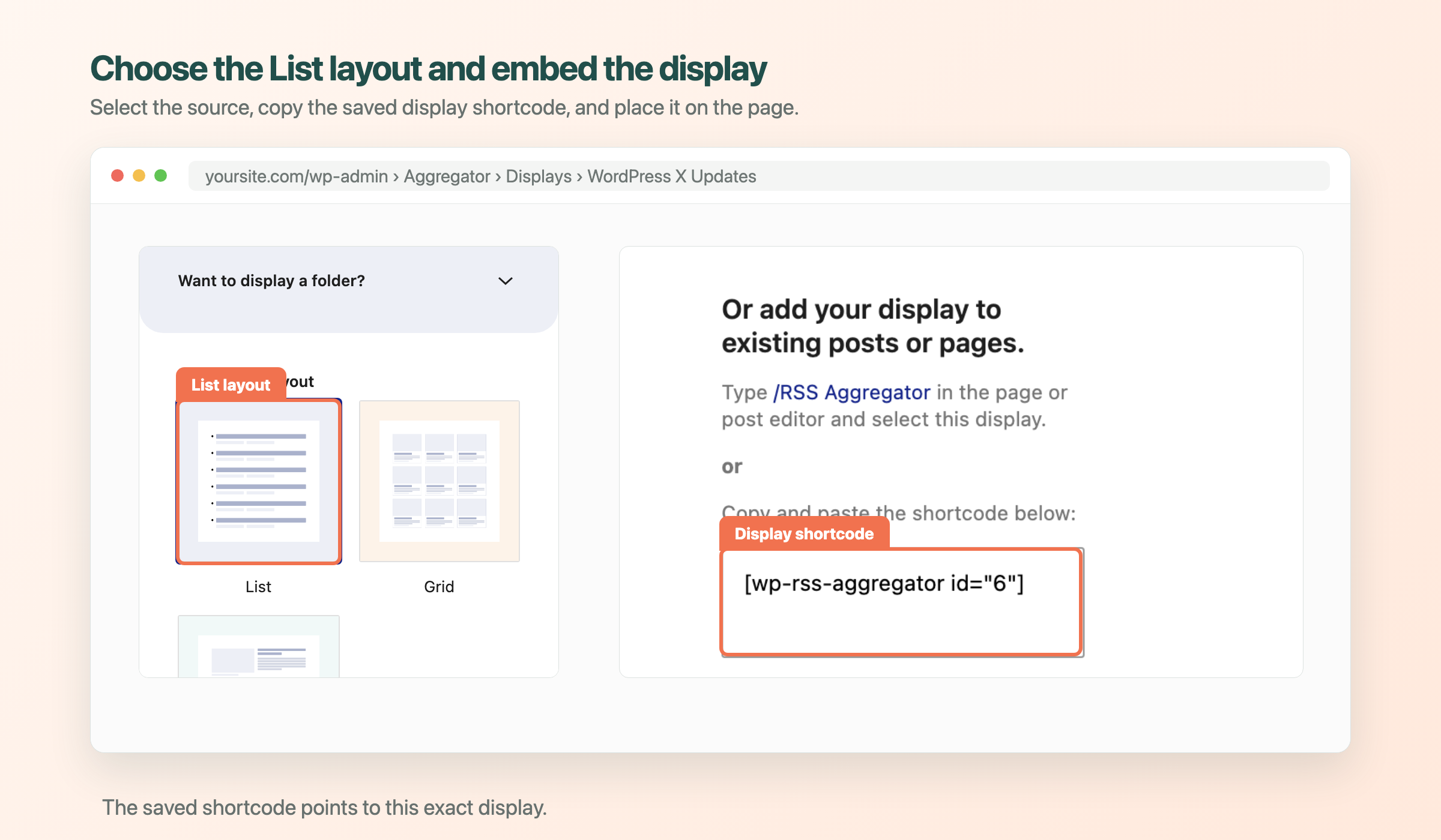 Aggregator List layout and saved display shortcode highlighted in the display workflow
