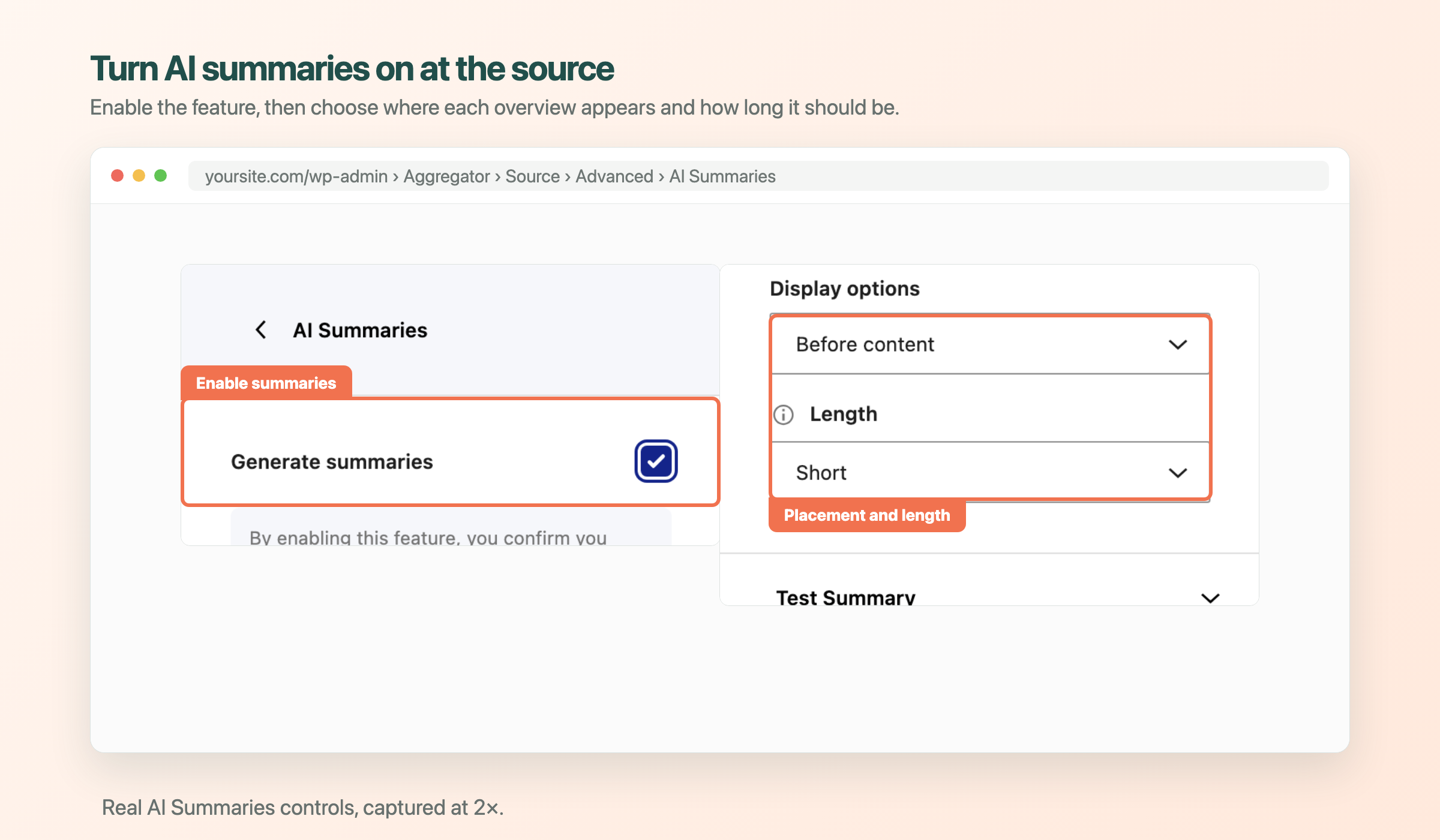 AI Summaries enabled for a Google News source with placement and length controls
