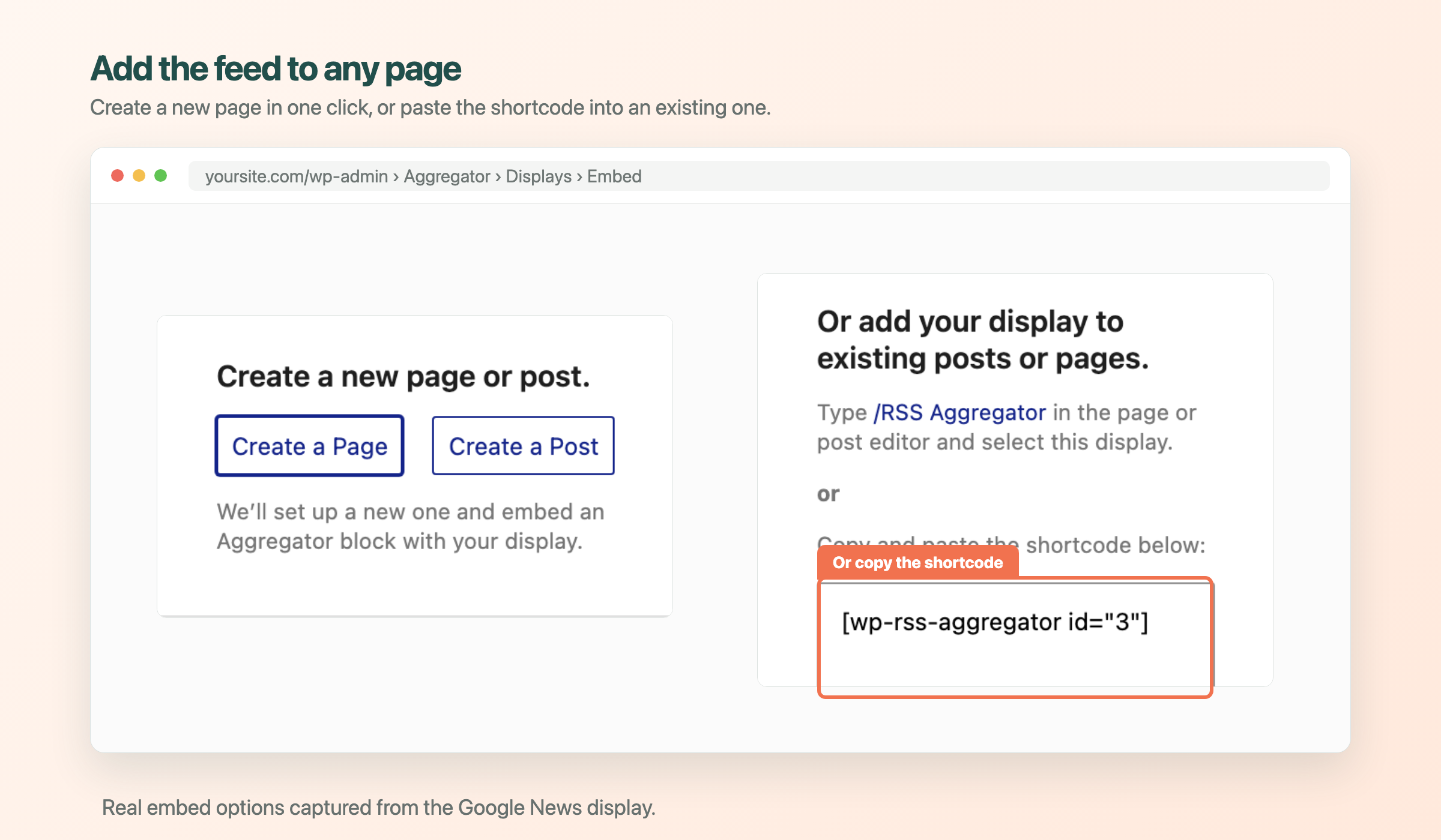Aggregator embed options for a Google News display
