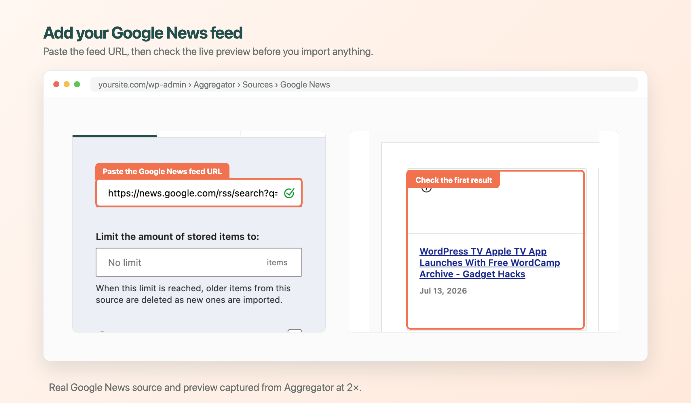 Aggregator source screen with a Google News RSS URL and live item preview