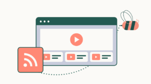 A YouTube RSS feed represented by an RSS tile, playable video browser, and the Aggregator bee following its branded trail