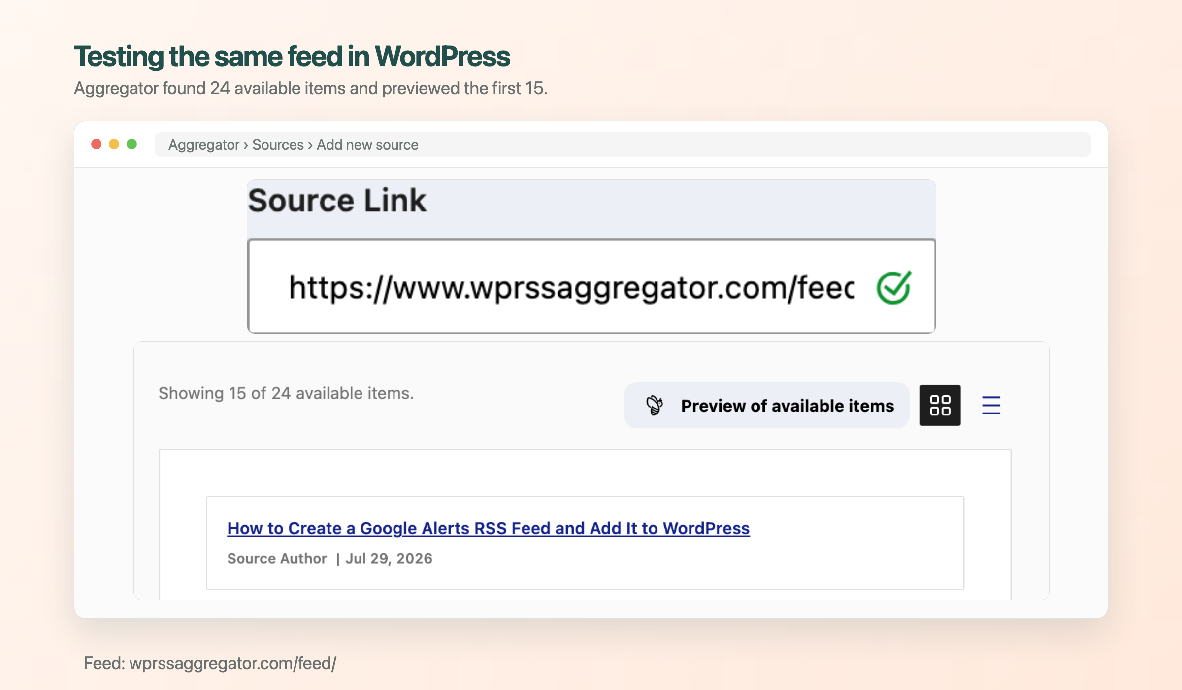Aggregator preview showing 24 available items from a valid RSS feed
