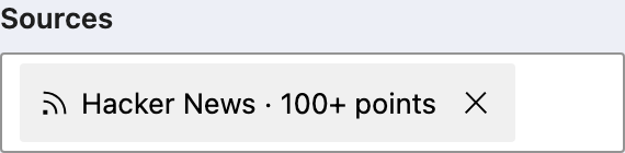 The display Sources field contains Hacker News · 100+ points.