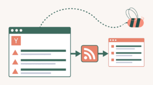 Hacker News stories with upvote symbols flow into an RSS headline list, with the Aggregator bee above.