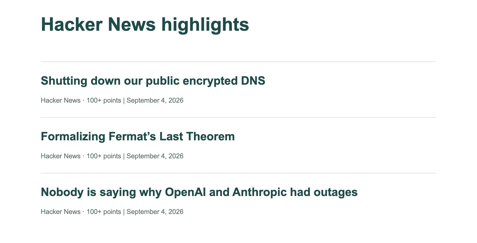 A WordPress page displays three Hacker News headlines with source names and dates, without author bylines.