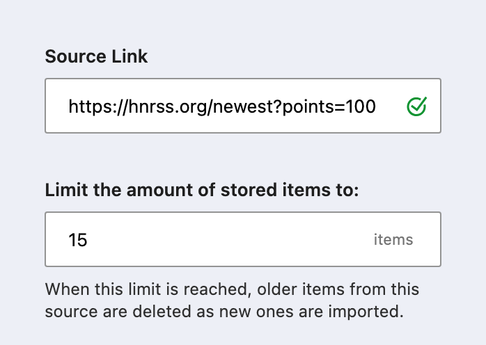 Aggregator Source Link field showing the validated hnrss points feed and a stored-item limit of 15.