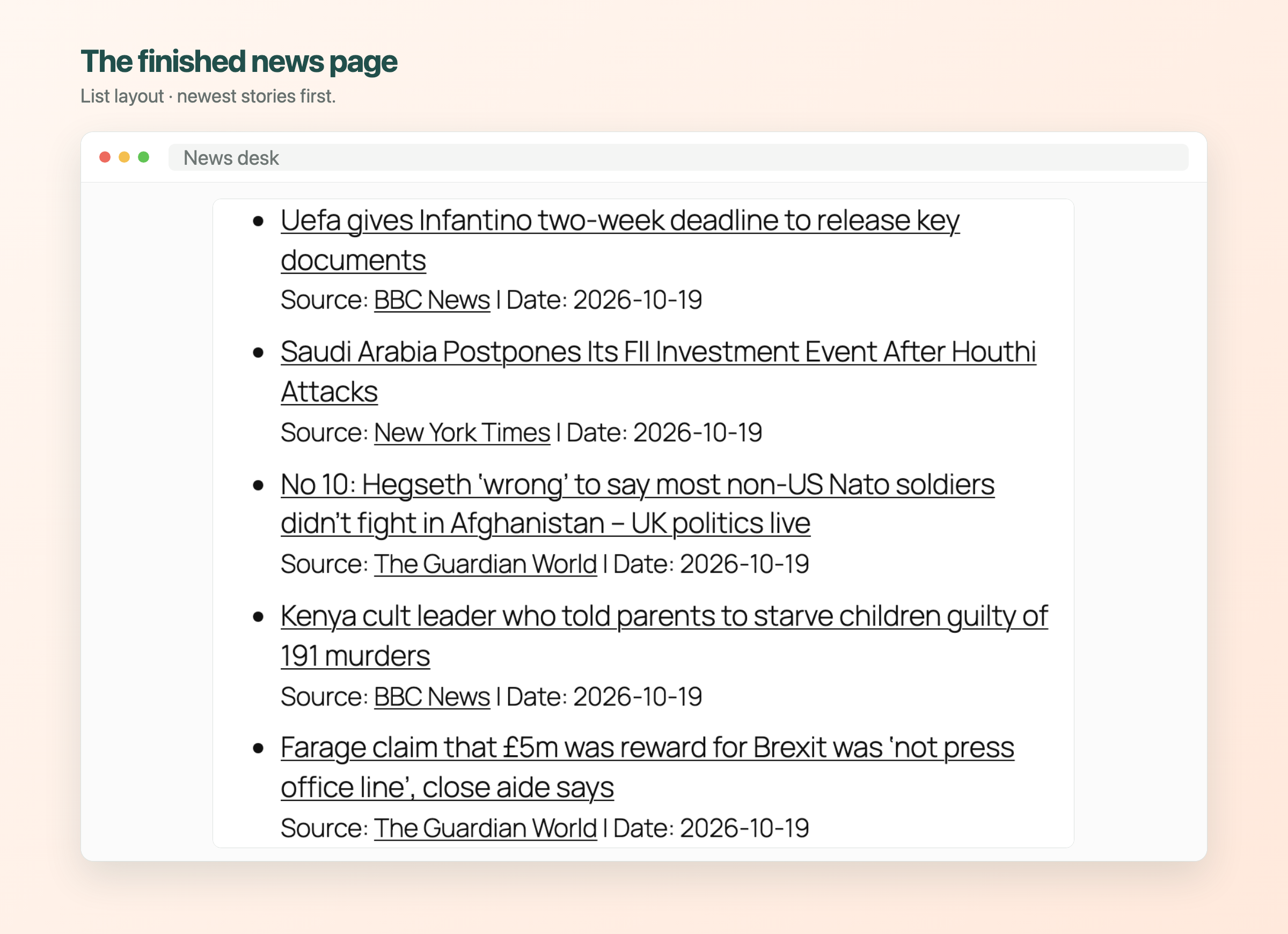 A News desk page with imported headlines, publisher names, and dates.
