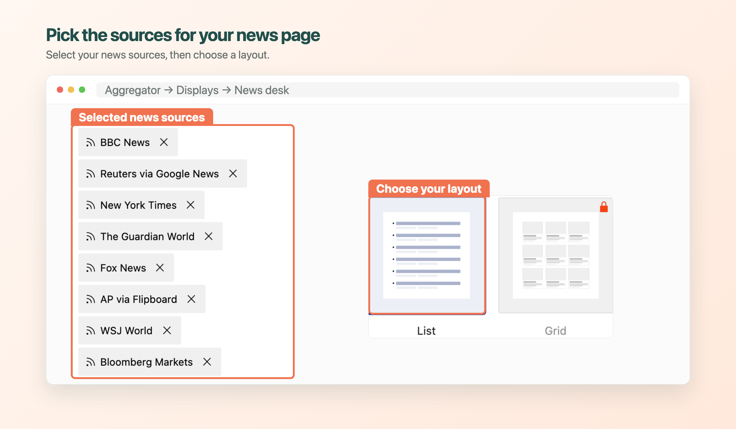 Eight news sources selected for an Aggregator display, with List and paid Grid layouts.