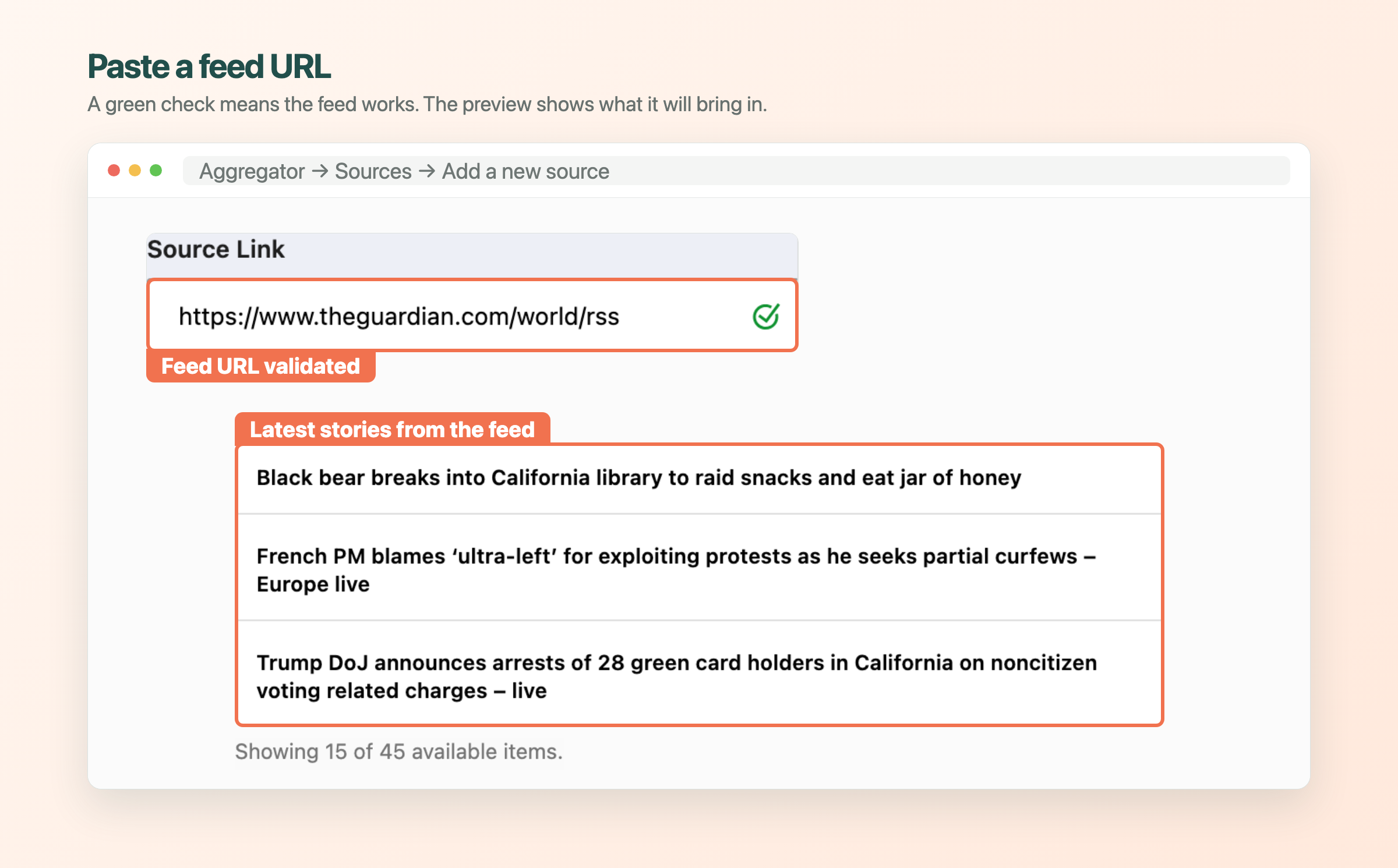 A validated Guardian feed URL and its latest-story preview in Aggregator.