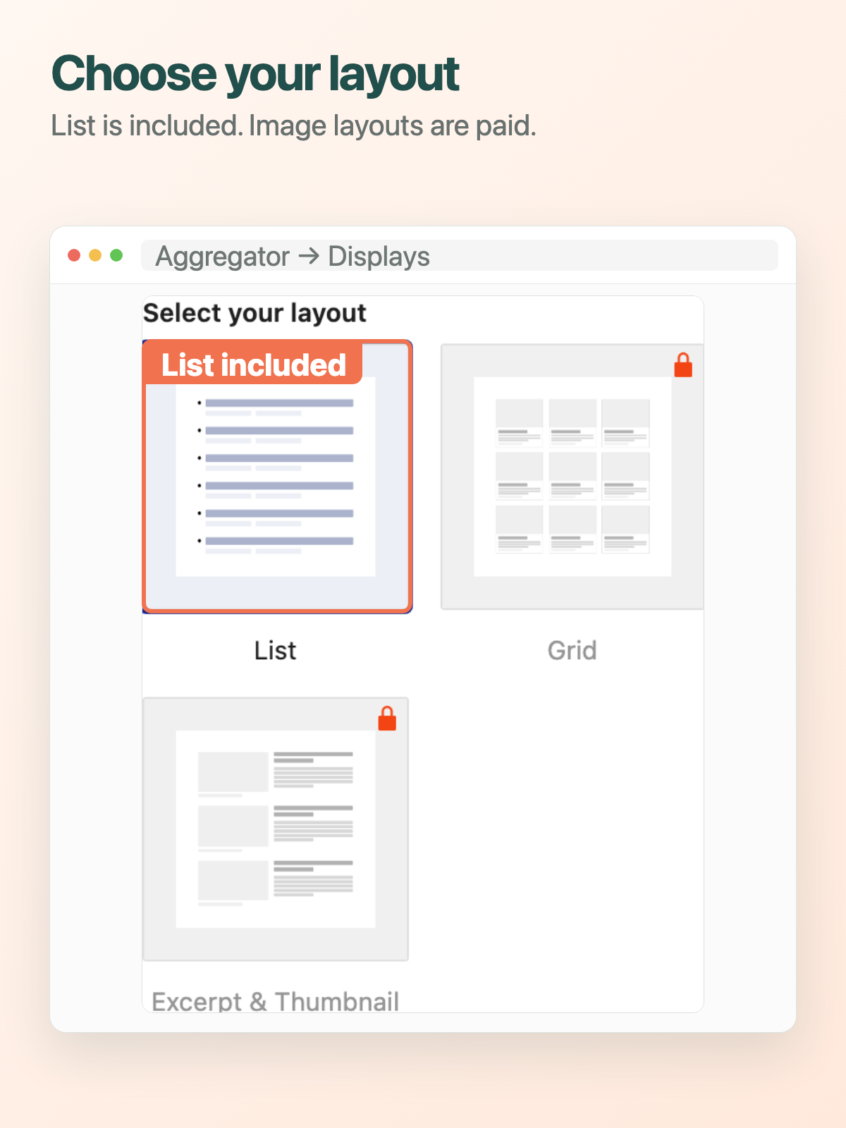 List layout available, with Grid and Excerpt and Thumbnail marked as paid layouts.