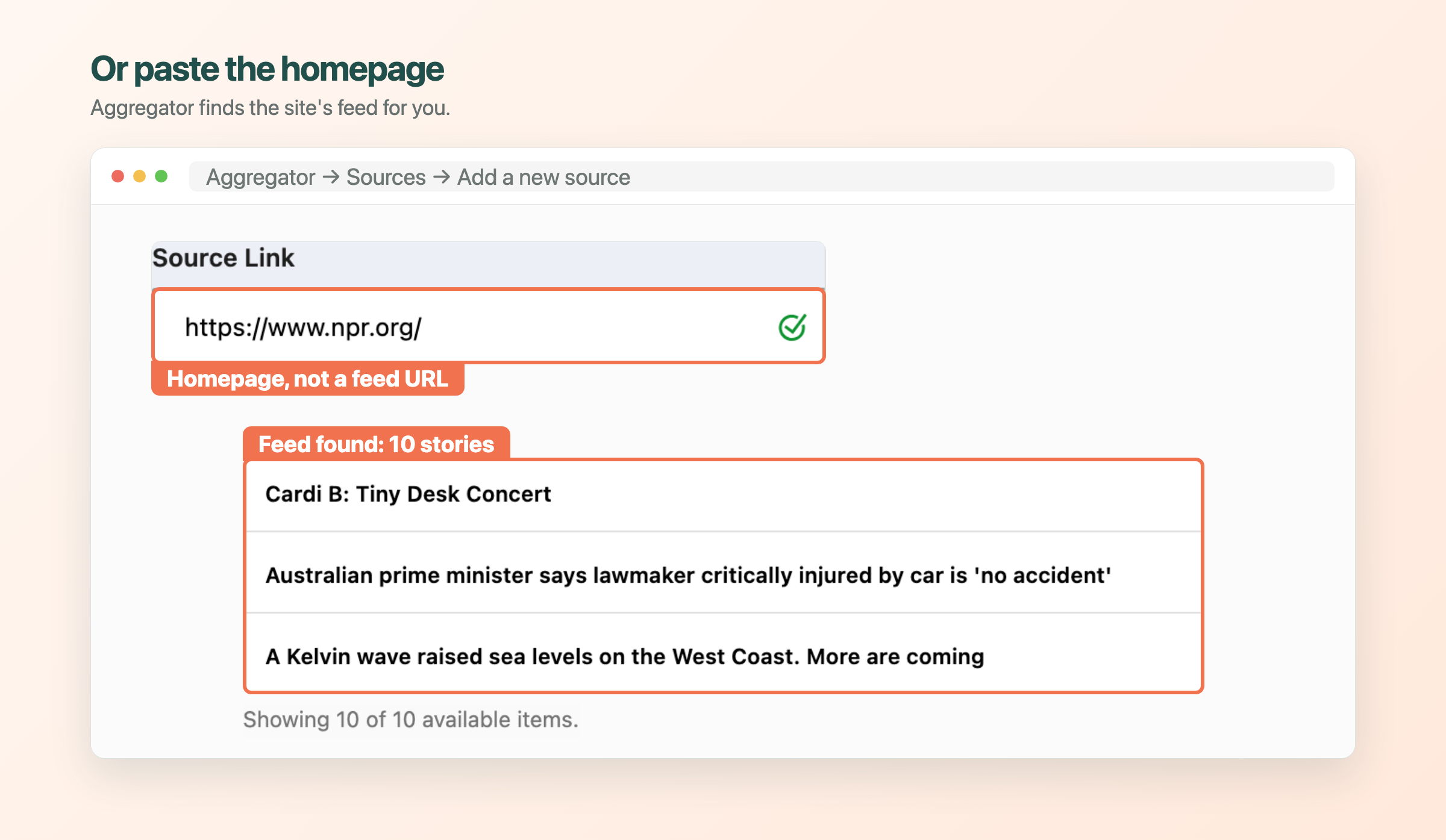 NPR homepage validated in Aggregator with ten feed stories found.