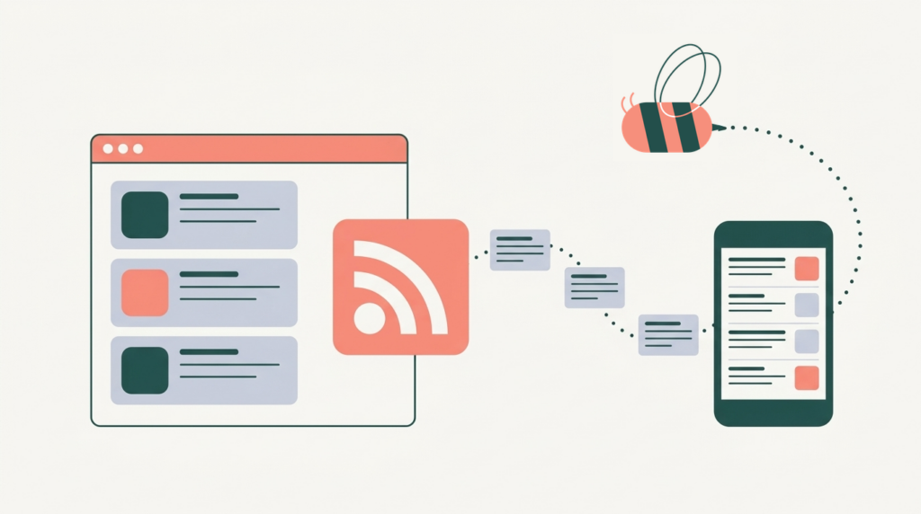 A website sending its newest posts through an RSS feed to a reader on a phone
